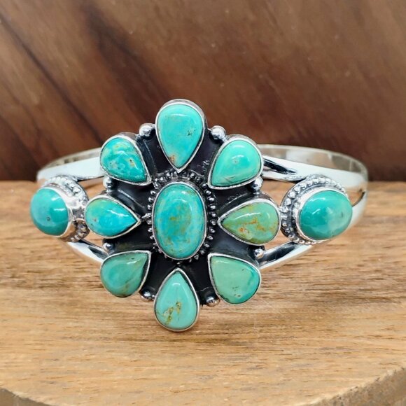 Southwest Sterling Silver Turquoise Medallion Cluster Cuff Bracelet Artisan - Picture 2 of 7